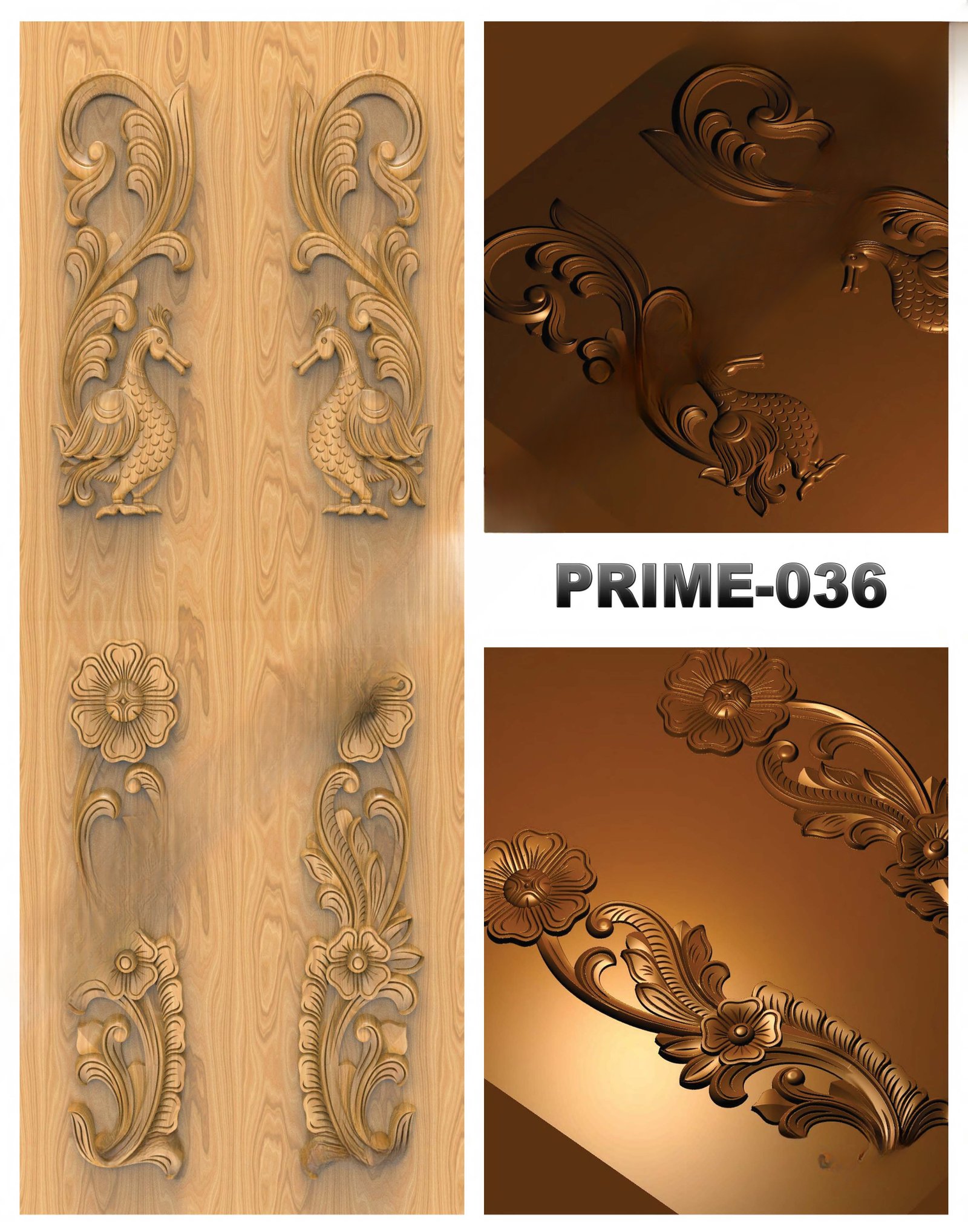 prime designs - PRIME-36 Elegant Peacock and Floral Carved Wood Door 3D Model